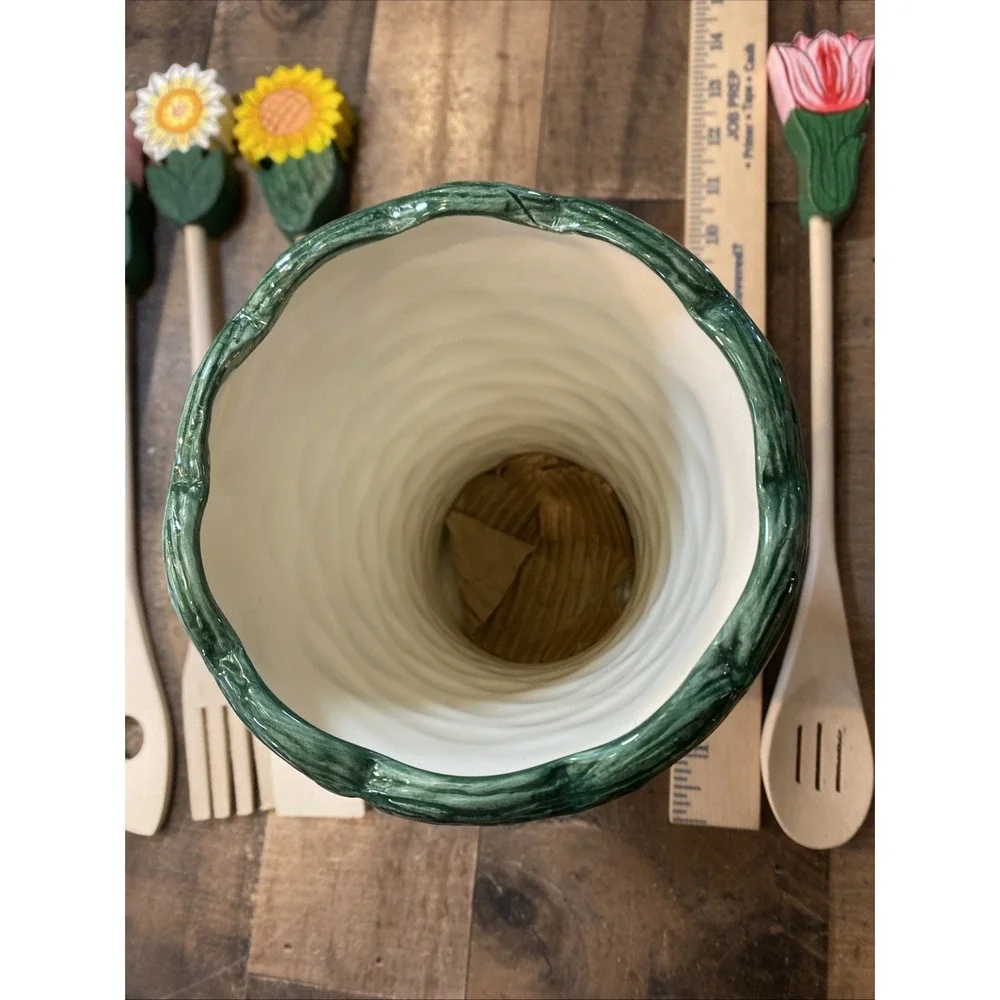 Wooden Cooking Utensil 6 Hand‎ Painted Flower Handle Ceramic Basket Tool Holder